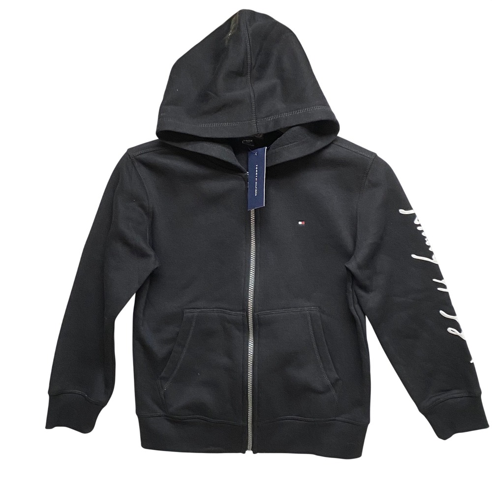 Tommy Hilfiger Black‎ Zip Up Hoodie Boys Girls Signature Logo Sleeve Sm 6-8 NWT - Picture 3 of 9